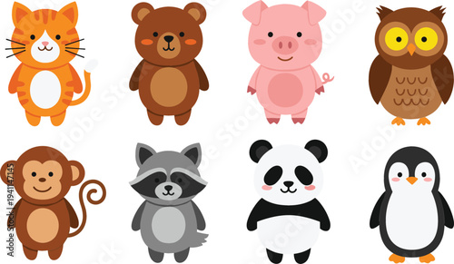Cute Cartoon Animals Vector Set with Cat, Bear, Pig, Owl, Monkey, Raccoon, Panda and Penguin Adorable Characters