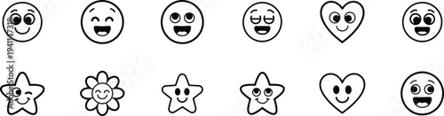 Cute emoticons cartoon faces with stars playful character icon set, vector illustration