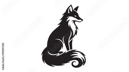 Fox silhouette with fluffy tail curled around its body in a detailed tribal style illustration with sharp edges.