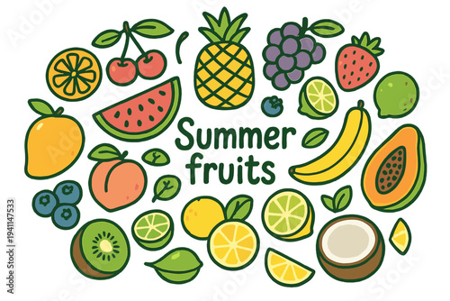 Vibrant Summer Fruits. Summer fruits. Hand-drawn doodle illustration of summer fruits. Watermelon, pineapple,