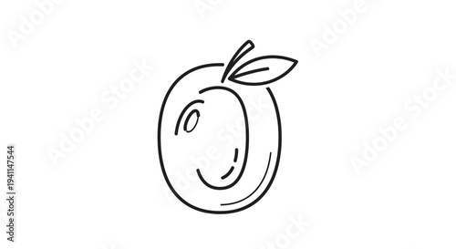 Minimalist black and white line art illustration of a fresh, ripe fruit with a single leaf