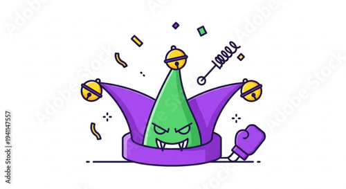 Angry green monster wearing purple jester's hat with bells confetti and party popper on white background