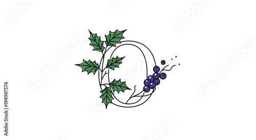 Elegant botanical initial 'O' design featuring vibrant holly leaves and deep purple berries