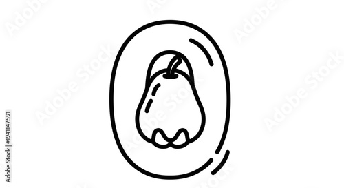 Stylized black and white outline illustration of a fresh rose apple fruit inside a decorative oval