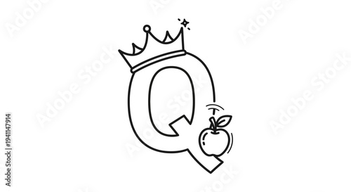 Majestic Letter Q with Royal Crown and Whimsical Apple Illustration in Line Art Style