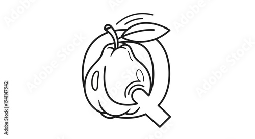 Minimalist black outline drawing of a bitten quince fruit cleverly integrated with the letter Q