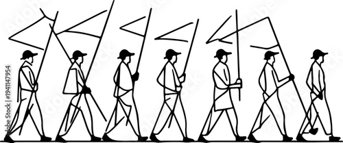 A group of people marching in line carrying long flags and sticks, stylized minimalist black and white vector outline illustration, walking people silhouettes, community demonstration or parade