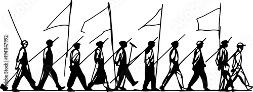 Diverse group of laborers long march with flags silhouette vector, industrial workers strike or protest parade line art, minimalist crowd walking for social movement illustration