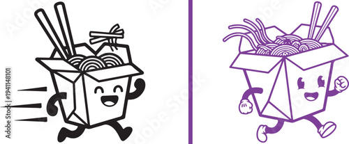 Fun vector illustration of a running noodle box character with chopsticks. Includes a classic black and white line art version and a vibrant purple outlined variation. Perfect for food delivery.
