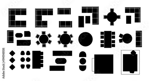 furniture layout icons illustrating diverse interior design elements and furniture arrangements for architectural planning.