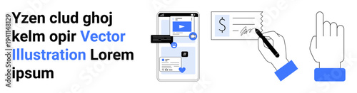 Mobile payments, e-commerce, financial security, digital contracts, banking apps, user interaction. Smartphone payment interface and hand signing a document. Mobile payments and e-commerce concept