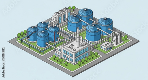 3D Isometric Refinery Plant Industrial Complex.