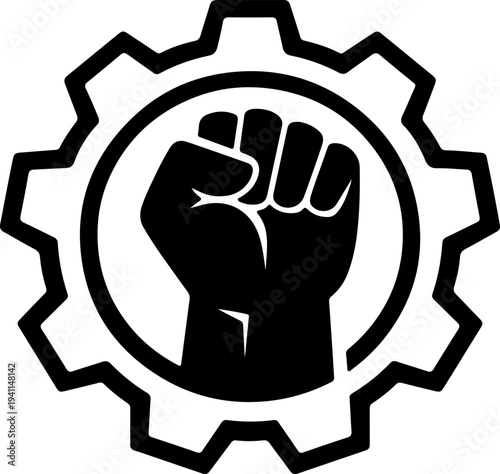 Clenched fist inside gear wheel line art vector, industrial power and labor union solidarity emblem, bold minimalist symbol for manufacturing movement and worker rights