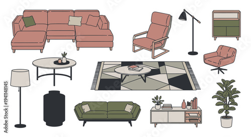 modern living room furniture collection displayed on a white background for interior design concepts and home decoration