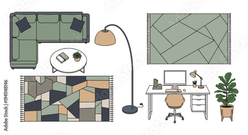 modern minimalist home and office furniture collection with top-down views for interior design layout planning