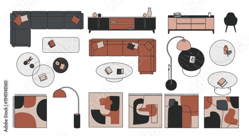 overhead view of modern living room furniture and decor featuring neutral and terracotta pieces for interior design layout planning.