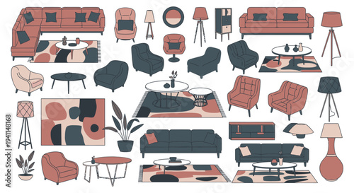 modern minimalist home furniture and cozy interior design elements flat lay showcasing stylish living room decor for inspiration