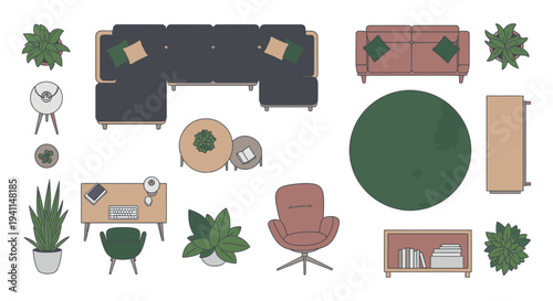 top view modern home furniture collection for interior design layout and room planning elements showcasing comfortable and stylish decor
