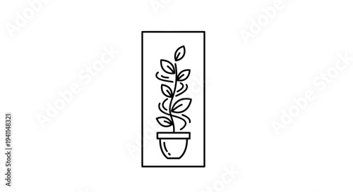 Minimalist black outline drawing of a potted houseplant icon in a rectangular frame