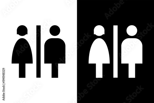 Black and white icon of a toilet woman and man, flat outline vector design