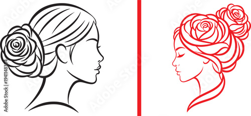 Elegant vector profile of a woman with a large rose bun hairstyle. Features a detailed black line art version and a vibrant red minimalist outline. Ideal for beauty and spa branding.