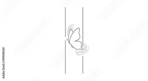 Minimalist line art butterfly passing through a barrier with abstract ripple effects