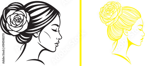 Elegant vector duo featuring side profiles of women with rose-adorned hair buns. Includes a high-contrast black line-art illustration and a minimalist bright yellow outline design.