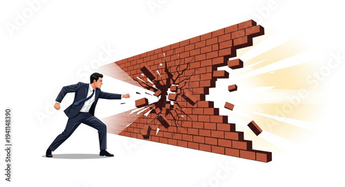 Man Breaking Through Brick Wall.