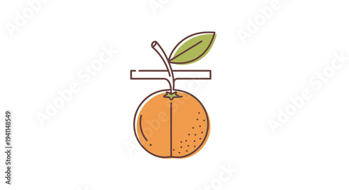 Fresh and simple line art illustration depicting a whole orange fruit with a green leaf and stem