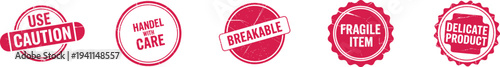 Fragile warning labels shipping packaging caution stamps or sticker collection red. 