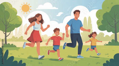 Happy family of four jogging together in a sunny park with trees and green grass on a beautiful day