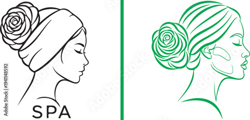 Elegant vector profile of a woman with a large rose-adorned bun. Features a detailed black line art version and a vibrant red minimalist outline. Perfect for beauty, hair, and spa branding.