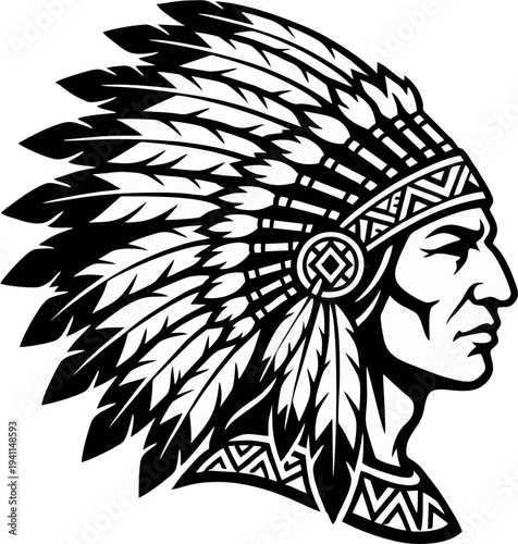 Native American Indian Chief Black and White Silhouette Vector — Warrior Profile with War Bonnet Feather Headdress Tribal Geometric Pattern Logo SVG