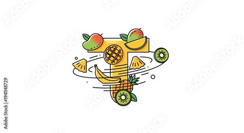 Stylized letter T vibrant illustration featuring an assortment of fresh tropical fruits and