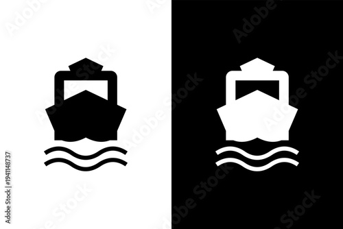 Black and white icon of a ship, flat outline vector design