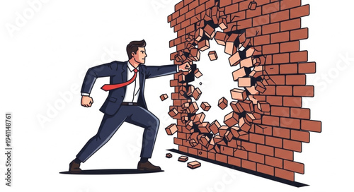 Businessman Breaking Through Brick Wall.