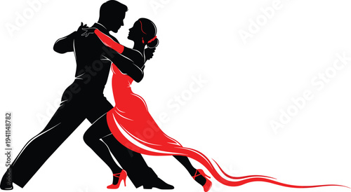 Elegant Silhouette of a Romantic Couple Dancing Tango in Red and Black Dress for Latin Ballroom Dance Performance and Competition.