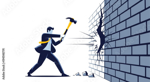 Businessman Breaking Through Brick Wall.