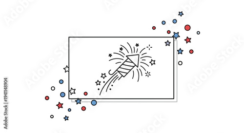 Stylized celebratory firework rocket line art design bursting with scattered stars and dots in a