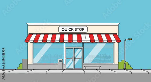 Convenience Store Facade with Red and White Awning and Sign