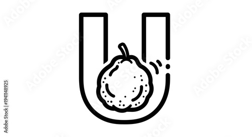Minimalist Line Art Icon: Stylized Letter U Enclosing a Textured Ugli Fruit Design Element
