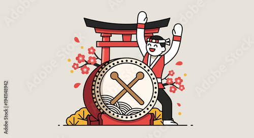 Japanese Drummer Performing at Torii Gate with Cherry Blossoms
