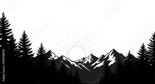 Mountain Range Silhouette with Trees.