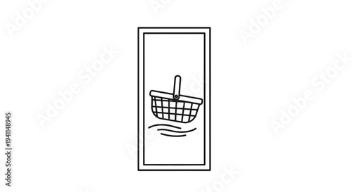Minimalist line art icon representing a shopping basket gently floating on serene wavy water