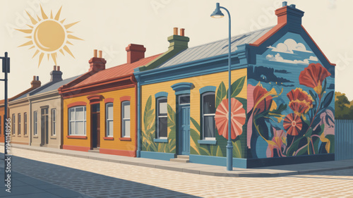 Colorful houses with floral mural on a sunny street with lamppost and brick road