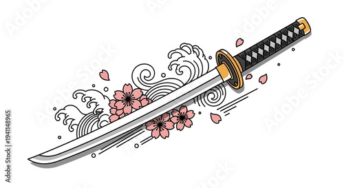 Japanese Katana Sword with Cherry Blossoms and Waves Illustration