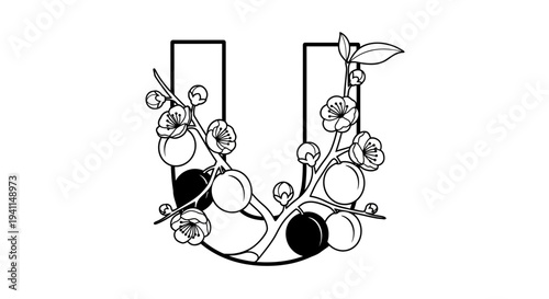Elegant Botanical Letter U Monogram Design with Blooming Flowers and Fruit Branches