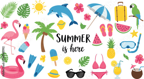 Summer Vacation Vector Set with Tropical Fruits, Flamingo, Dolphin, Beach Umbrella, Sunglasses and Holiday Travel Elements