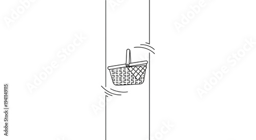 Minimalist line art illustration of a swinging picnic basket with checkered cloth design