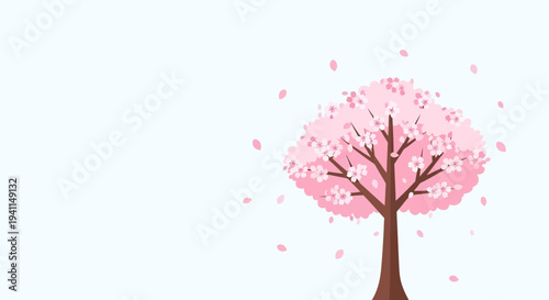 Spring Blossom Tree with Falling Petals on Light Blue Background